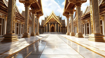 Obraz premium Majestic Thai Temple Library with Golden-Framed Windows in Orchard Breeze Cinematic Image