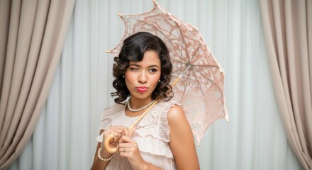 A Brazilian woman in her twenties poses with a lace parasol in soft pink, her expression playful and flirtatious.