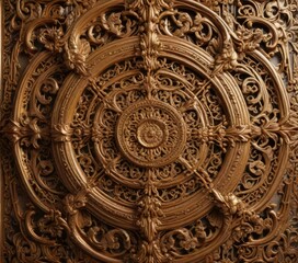 Golden filigree work on a wooden panel with intricate carvings, elegance, texture, filigree