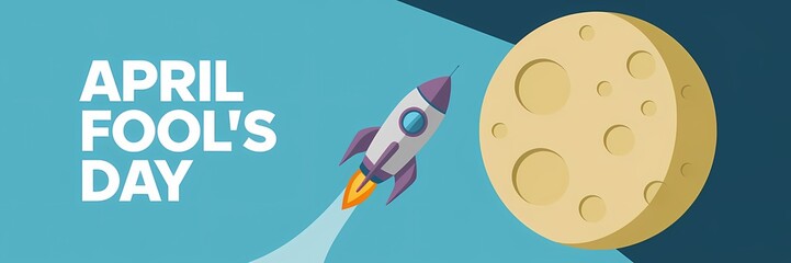 Fototapeta premium A creative minimalist April Fool's Day poster design with a space theme. The poster has a light blue background with white text that says 