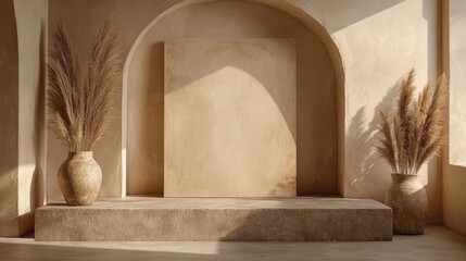 Minimalist Interior Design with a Blank Poster Frame Mockup on a Neutral Wall, Concrete Bench, and Elegant Vases in a Modern Space.