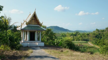 Obraz premium Tranquil Suburban Shrine with Ornate Thai Architecture and Vibrant Mosaic Roof amid Lush Farmland Backdrop