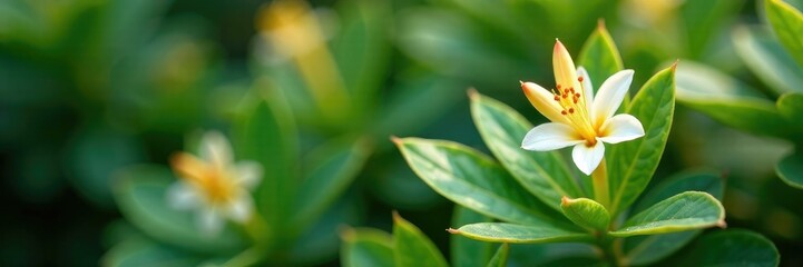 Fototapeta premium Golden shrimp plant with delicate white flowers, cactus alternative, tropical plant, golden shrimp plant