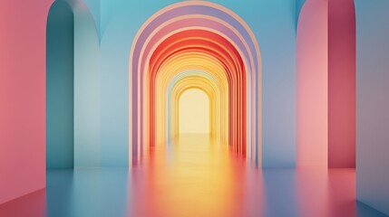 Colorful archway tunnel with pastel rainbow hues and bright light at the end.
