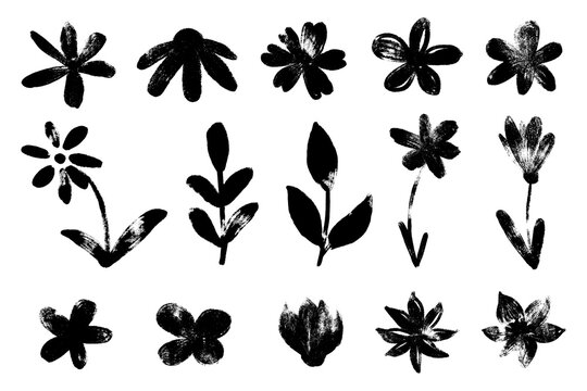 Grunge doodle flowers and leaves set. Hand draw cute flowers with crayon, chalk and markers texture. Flowers textured modern icons