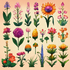A charming botanical illustration showcasing various wildflowers in bright colors, celebrating the diversity of nature's beauty.