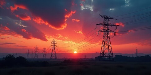 Fototapeta premium Massive power station at dusk, fiery sky backdrop, infrastructure, power