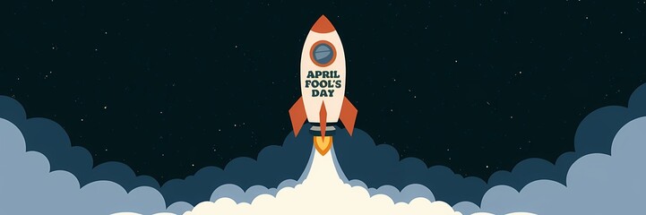 Fototapeta premium A creative minimalist April Fool's Day poster design with a space theme. There's a rocket with the text 