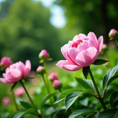 Obraz premium Delicate pink peony flowers in a lush garden setting, floral, botanicals