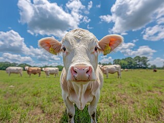 A Curious Calf Gazes at the Camera in a Lush Green Pasture Under a Bright Blue Sky with Fluffy White Clouds Softly Rolling By