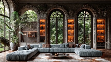 Obraz premium Luxurious Sectional Sofa in a Tropical Mansion Living Room