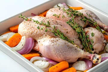 Uncooked chicken marinated in marinade and placed in baking tray