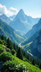 Dense green foliage surrounds towering mountain peaks in a vast, serene landscape , mountains, natural beauty