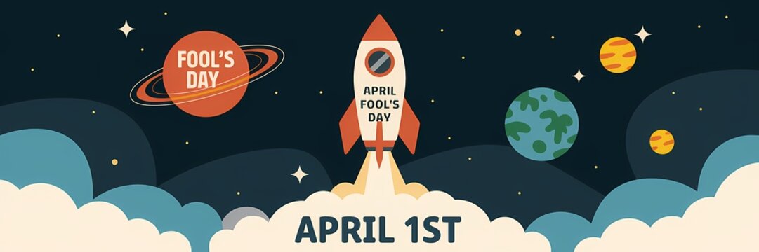 A creative minimalist April Fool's Day poster design with a space theme. There's a rocket ship with the text "April Fool's Day" written on it. The rocket ship is launching from a pad
