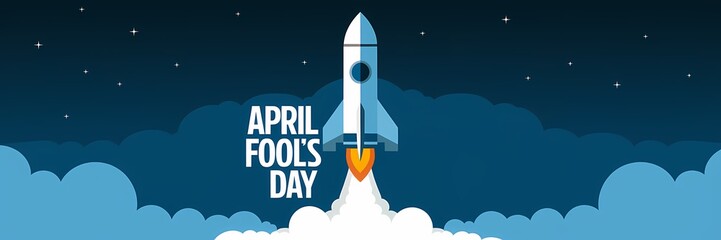 Fototapeta premium A creative minimalist April Fool's Day poster design with a space theme. There's a rocket with the text 