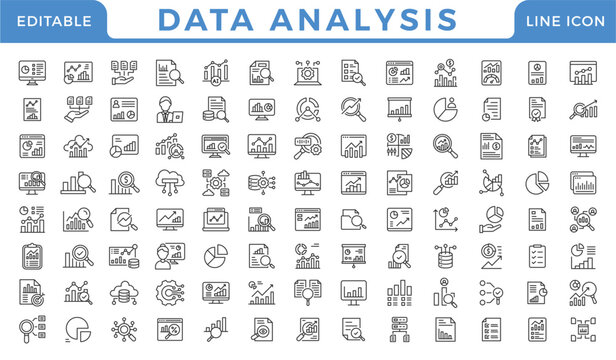 Data analysis line icon set. Data processing outline pictograms for website and mobile app. Digital analytics simple UI, UX vector icons vector collection