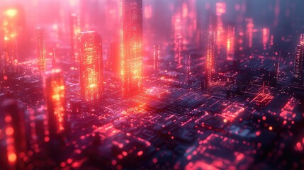 Obraz premium A futuristic digital landscape featuring a three-dimensional cluster of glowing geometric blocks in various colors,