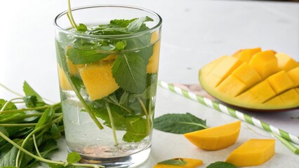 Fototapeta premium Green leaves and stems submerged in a glass of water with sliced mango adding a pop of color, garnish, kitchen, juice
