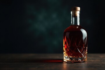 Elegant full glass brandy bottle on a dark and moody background with a hint of luxury and sophistication, , whiskey