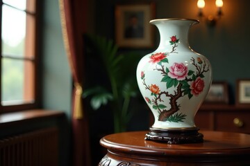 Elegant porcelain vase placed on ornate wooden pedestal, wood, pedestal