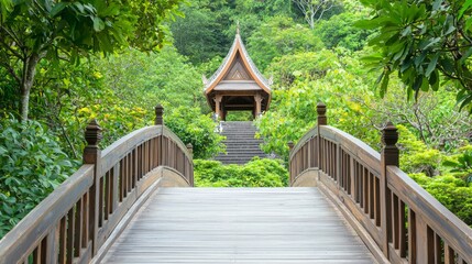 Enchanting Orchard Footbridge to Traditional Thai Spirit House with Tiered Roof | Ultra-Detailed Thai Architecture Cinematic Scene