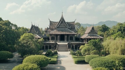 Fototapeta premium Thai Architectural Heritage: Ancient Fortress Surrounded by Dense Orchard, Cinematic Turrets with Pointed Roofs