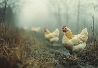 Fototapeta premium A group of free-range chickens wandering through a misty landscape, showcasing the beauty of rural life and nature's tranquility in the early morning haze