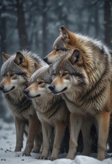 Obraz premium Group of wolves with thick fur coats huddled together in a blizzard, winter, huddle, group, blizzard, cold