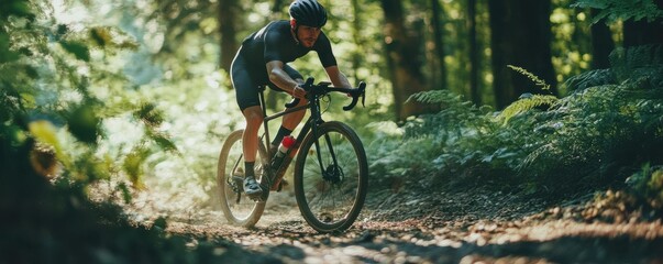 Fototapeta premium Caucasian male adult biking through forest trail in sunlit woods