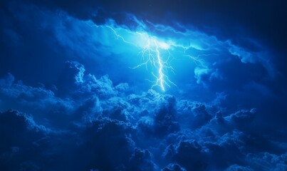 Obraz premium Electric Blue Lightning Bolt in the Clear Sky, , stormy weather, clear sky, large size, electric blue lightning bolt