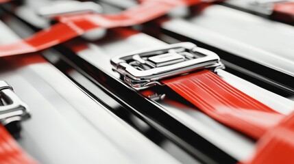 Close-up of metallic buckles and red straps securing cargo in a transport setting with reflections