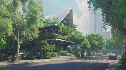 Fototapeta premium Cityscape Fusion: Contemporary Library with Local Flair Amidst Thai-Inspired Streetscape
