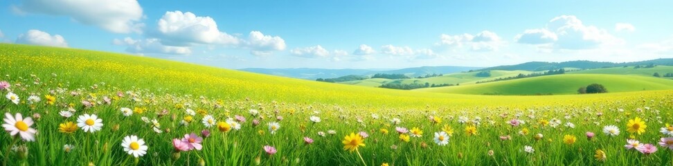 A field of Forget Me Nots in the distance, with a few wispy clouds in the sky, rolling hills, landscape, field