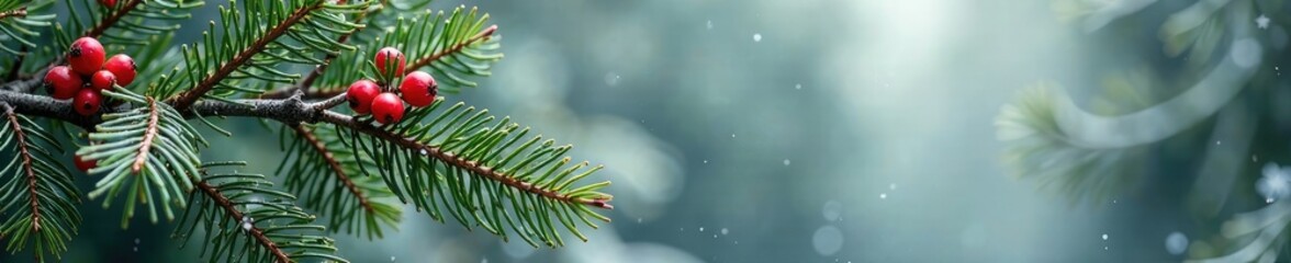 Obraz premium A large pine branch loaded with green pine needles and crimson berries against a frosty gray background, green, tree, seasonal