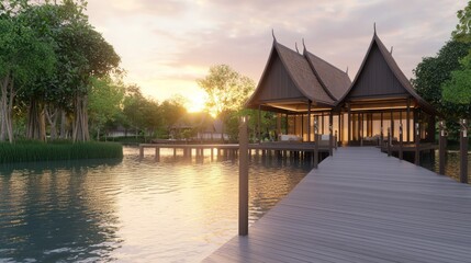 Fototapeta premium Tranquil Sunset at Thai Boathouse with Orchards - Exquisite Triple-Tier Roof and Pier Over Still Waters