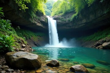 Naklejka premium A waterfall cascades down a rocky slope behind a natural pool in a rainforest clearing, rock, jungle, waterfall