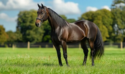 Fototapeta premium Horse portrait, horse standing against in green field
