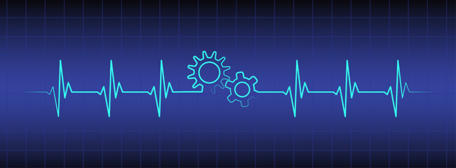 Blue medical monitor editable heart rhythm illustration with gears, heartbeat line vector design to use for healthcare, business, healthy lifestyle, medicine and ekg concept illustration projects. 