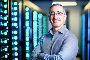Confident senior IT technician standing in data center, surrounded by glowing server racks, symbolizing expertise and security. 