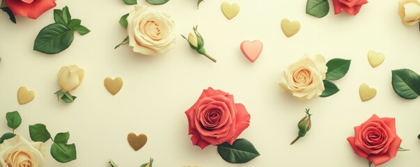 Romantic floral arrangement with red and white roses on cream background