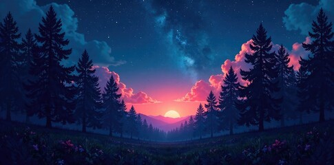 Naklejka premium Dark forest with towering trees and twinkling stars above, stars, twilight, shadows