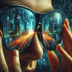 Close-up view of a pair of dark-framed sunglasses reflecting a vibrant, futuristic cityscape.&nbsp;The reflection in the lenses is not a simple mirror image
