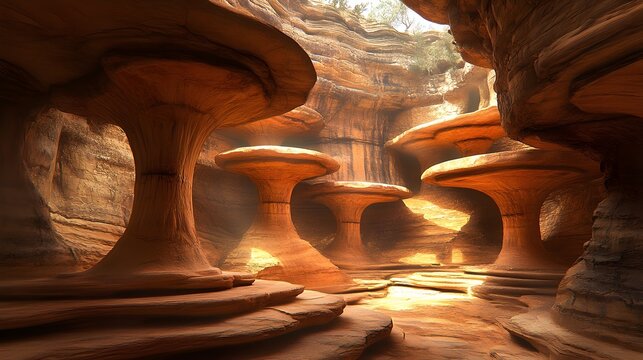 Enigmatic Sandstone Cave Interior with Mushroom Rock Formations