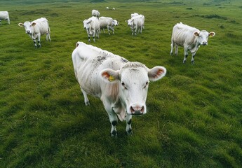 Obraz premium A Herd of White Cows Grazing in a Lush Green Field Under a Cloudy Sky, Capturing the Essence of Rural Life and Calm Natural Beauty in the Outdoors