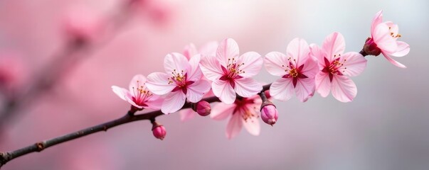 delicate cherry blossoms on a single branch in low light, low light, minimalist, pale pink