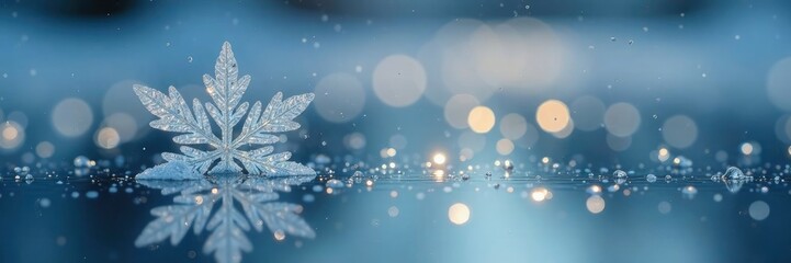 delicate snowflake landing on a frozen pond surface, frost, sparkle