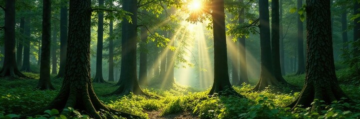 Dense forest with tall trees and sunlight filtering through, tree, forest