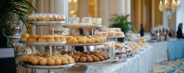 Elegant buffet display with assorted pastries in luxurious banquet setting