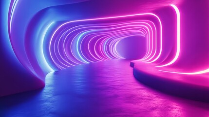 Fototapeta premium 3D render of a minimalistic neon environment with softly glowing wavy lines, illuminated in shades of purple and blue 