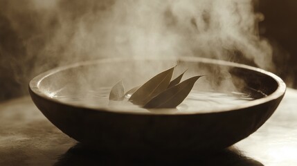 Close-up of a warm bowl with eucalyptus-infused water and rising steam, creating a tranquil spa atmosphere. Relaxation, wellness, and self-care concept.